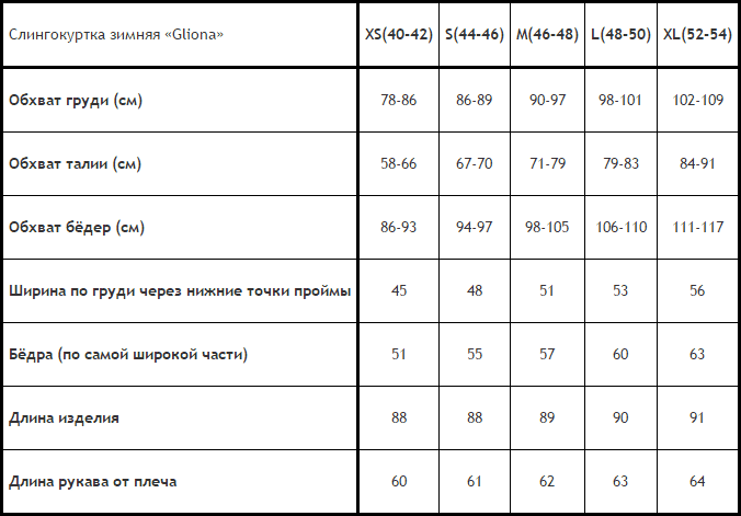 замеры слингокуртки Герда