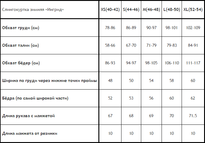 замеры слингокуртки Ингрид